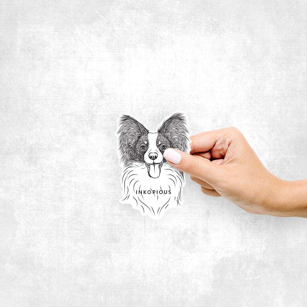 Hand-drawn sketch of Patrick the Papillon on a Papillion decal sticker