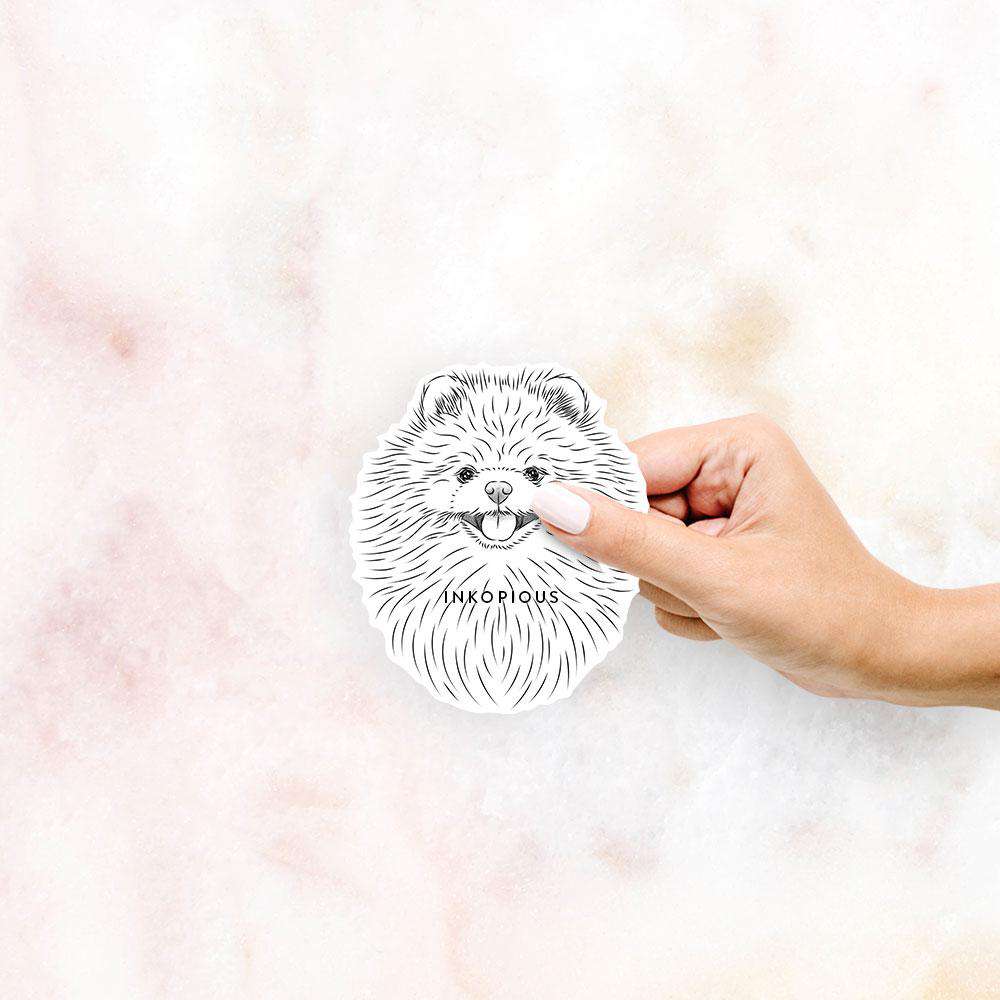 Hand-drawn sketch of Pirro the Pomeranian on a decal sticker