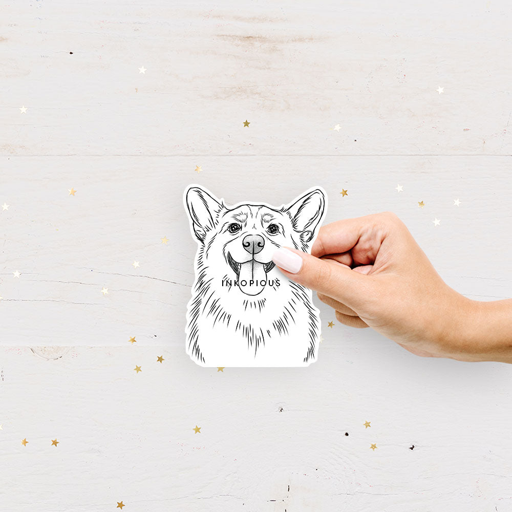 Hand-drawn sketch of Porter the Pembroke Welsh Corgi on a decal sticker