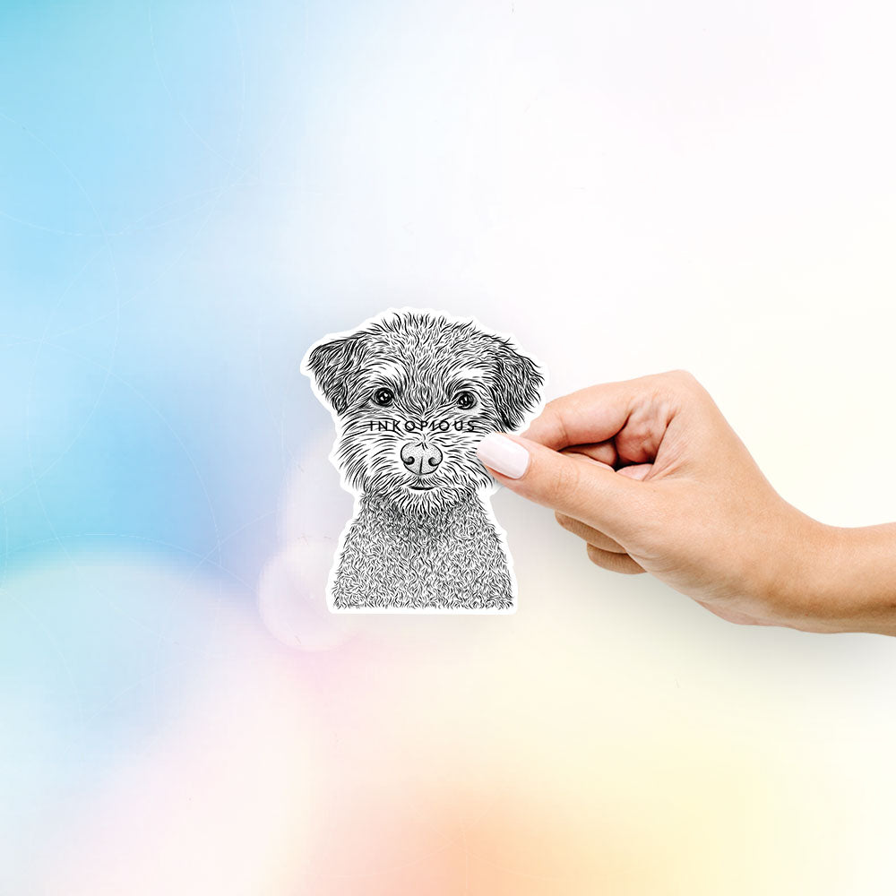 Hand-drawn sketch of Pretzel the Schnoodle on a decal sticker