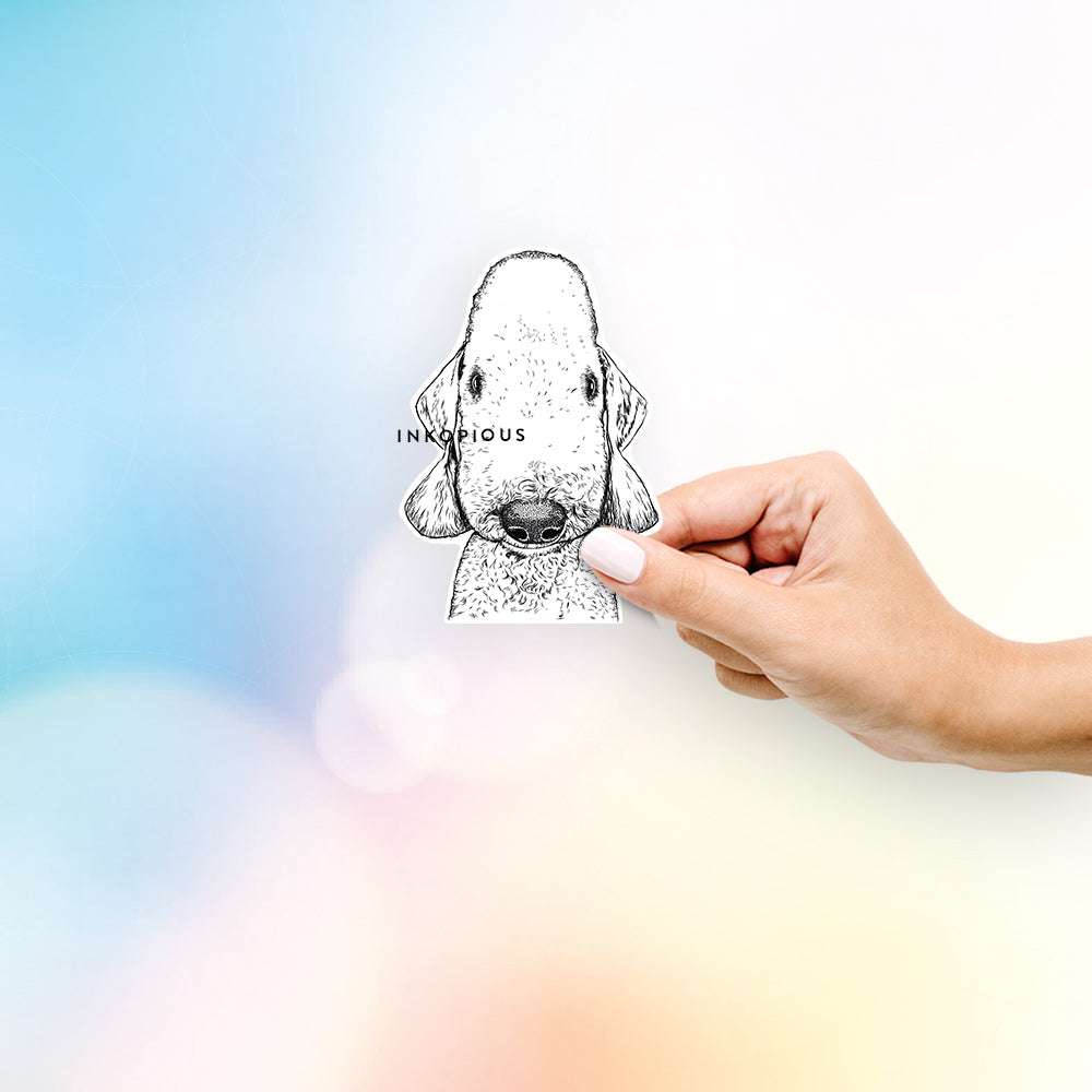 Hand-drawn sketch of Remington the Bedlington Terrier on a decal sticker