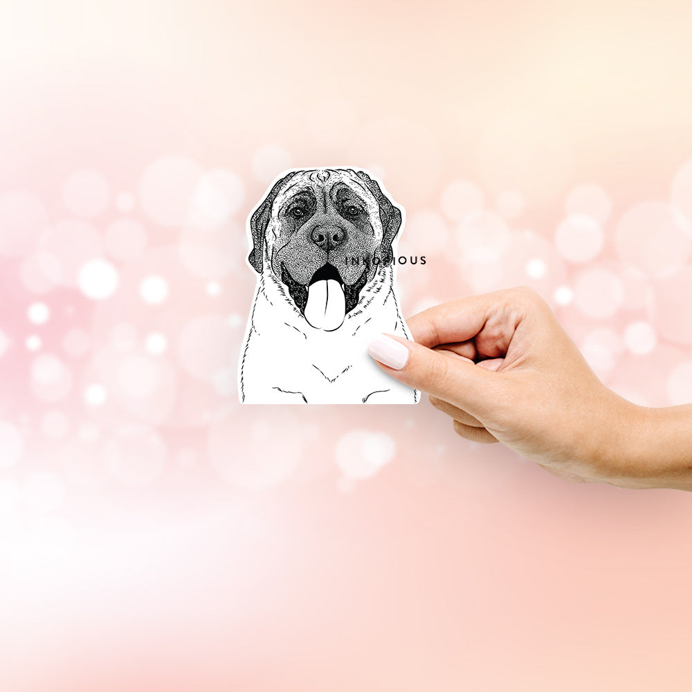 Hand-drawn sketch of Remmie the English Mastiff on a decal sticker