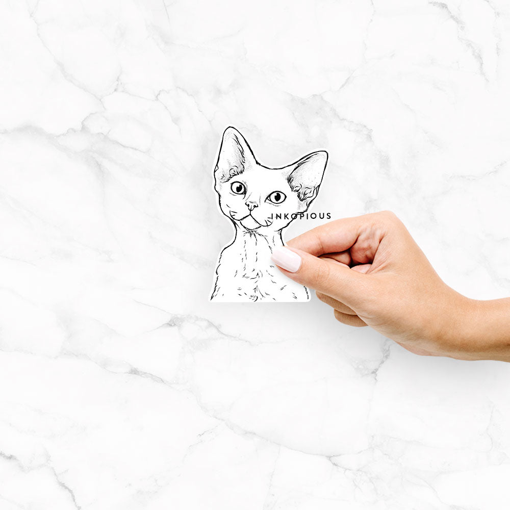 Hand-drawn sketch of Ripley the Devon Rex Cat on a Ripley Devon Rex decal sticker