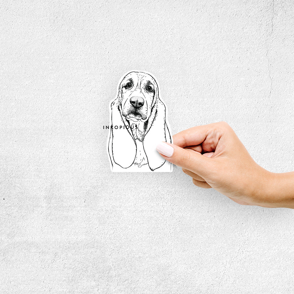 Hand-drawn sketch of Rolo the Basset Hound on a decal sticker