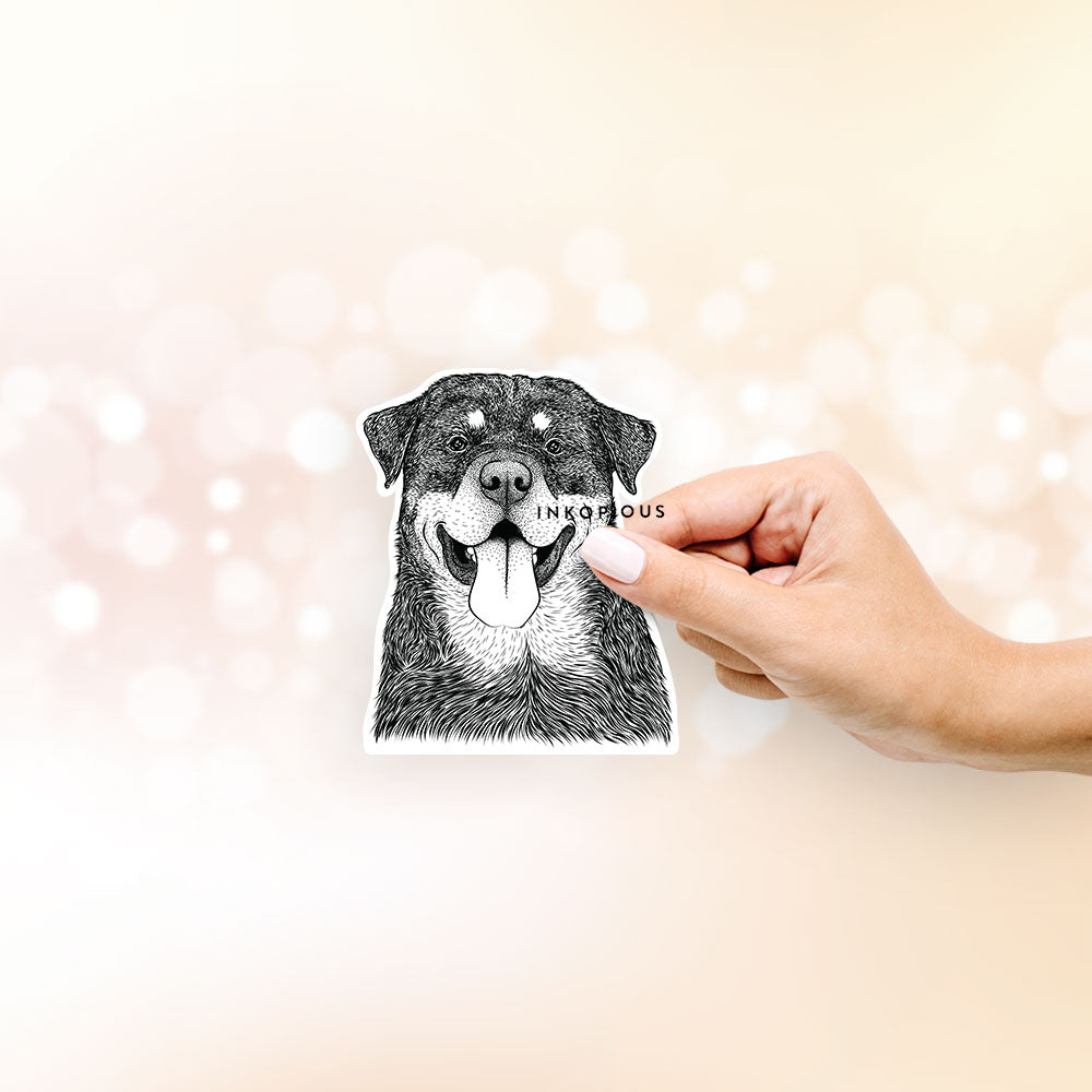 Hand-drawn sketch of Romeo the Rottweiler on a decal sticker
