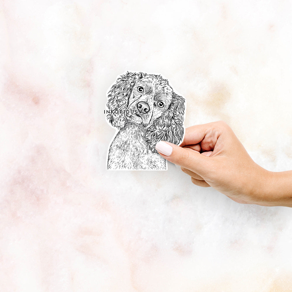 Hand-drawn sketch of Sadie the Cocker Spaniel on a decal sticker