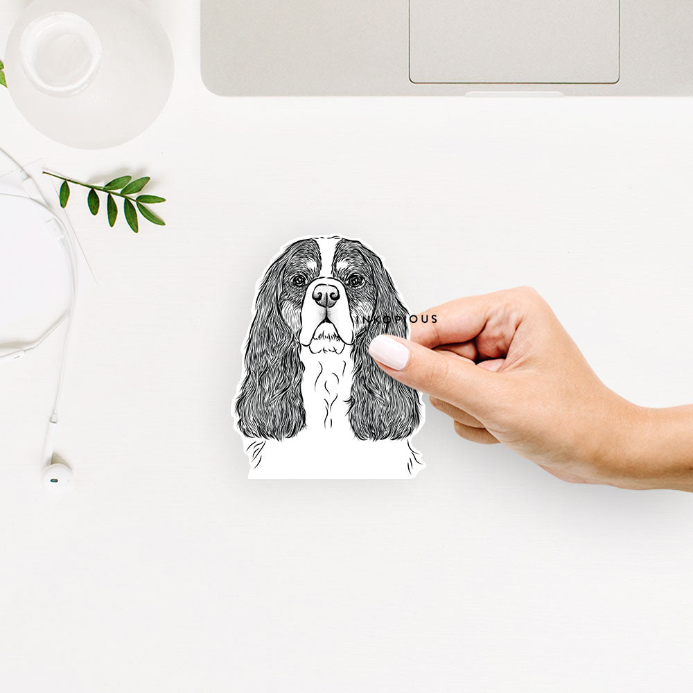 Hand-drawn sketch of Sebastian the Cavalier King Charles Spaniel on a decal sticker