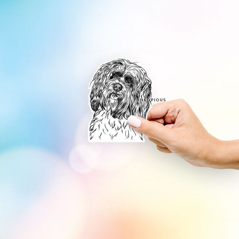 Hand-drawn sketch of Shenpa the Tibetan Terrier on a decal sticker
