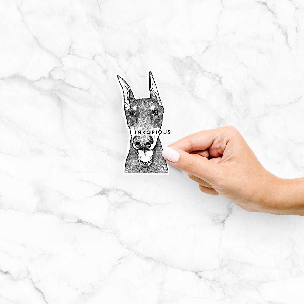 Hand-drawn sketch of Sir Duke the Doberman Pinscher on a decal sticker