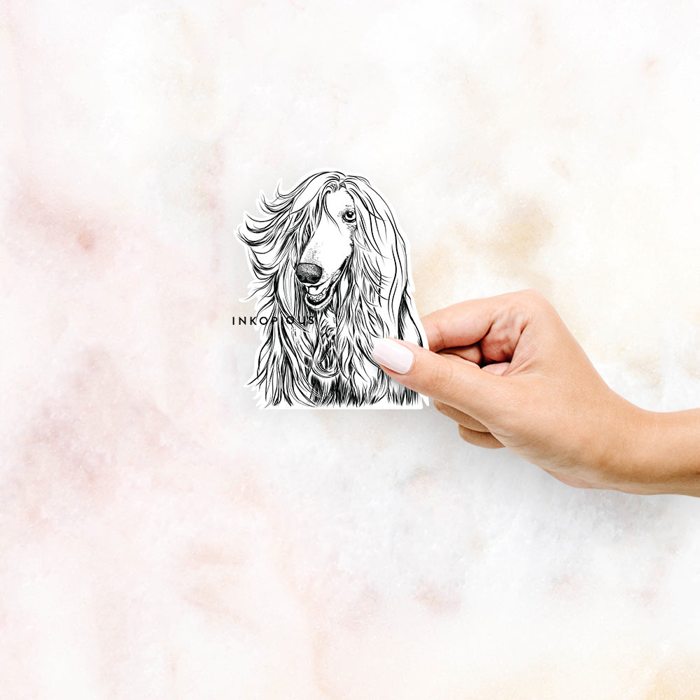 Hand-drawn sketch of Sterling the Afghan Hound on a decal sticker