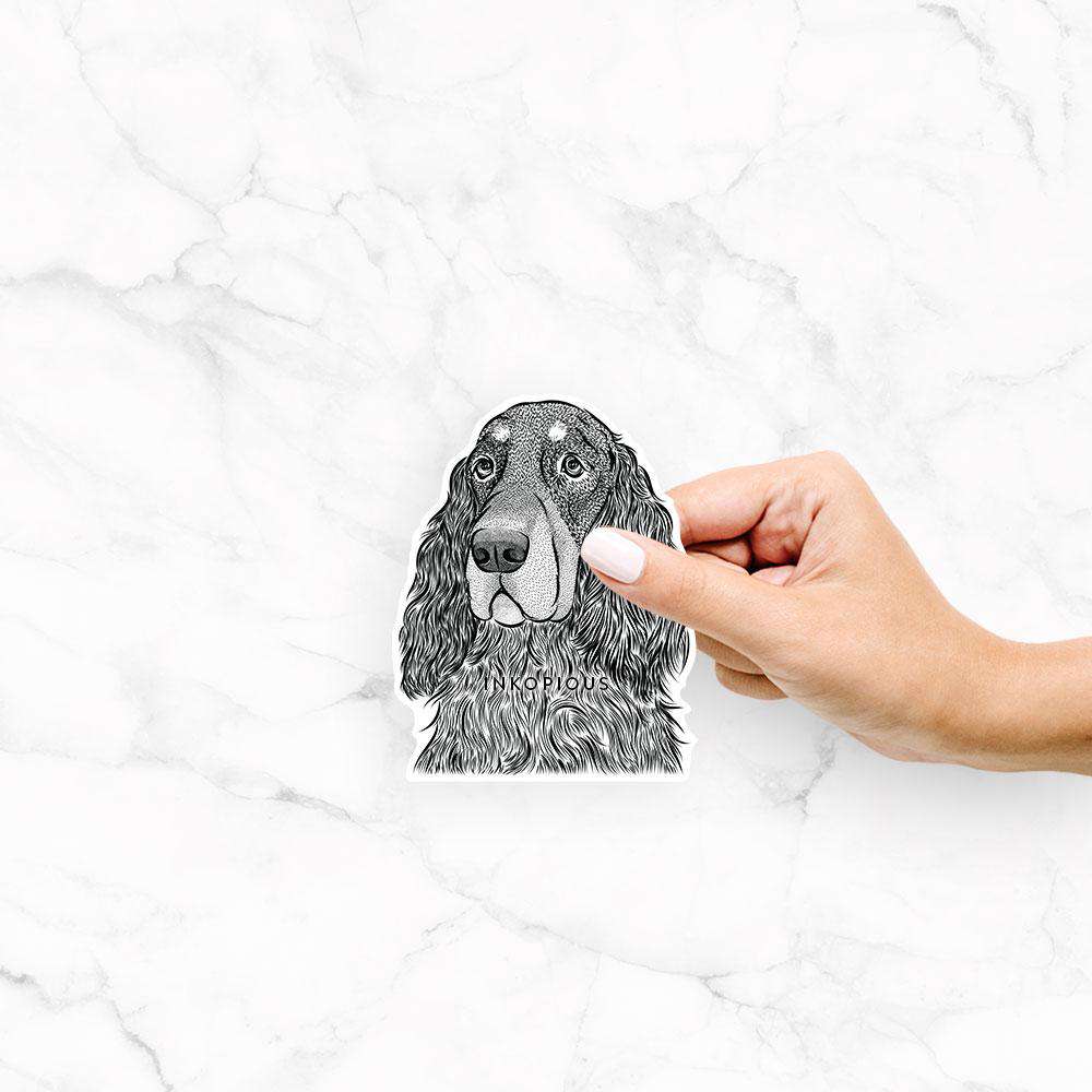 Hand-drawn sketch of Stormy the Gordon Setter on a GSett decal sticker