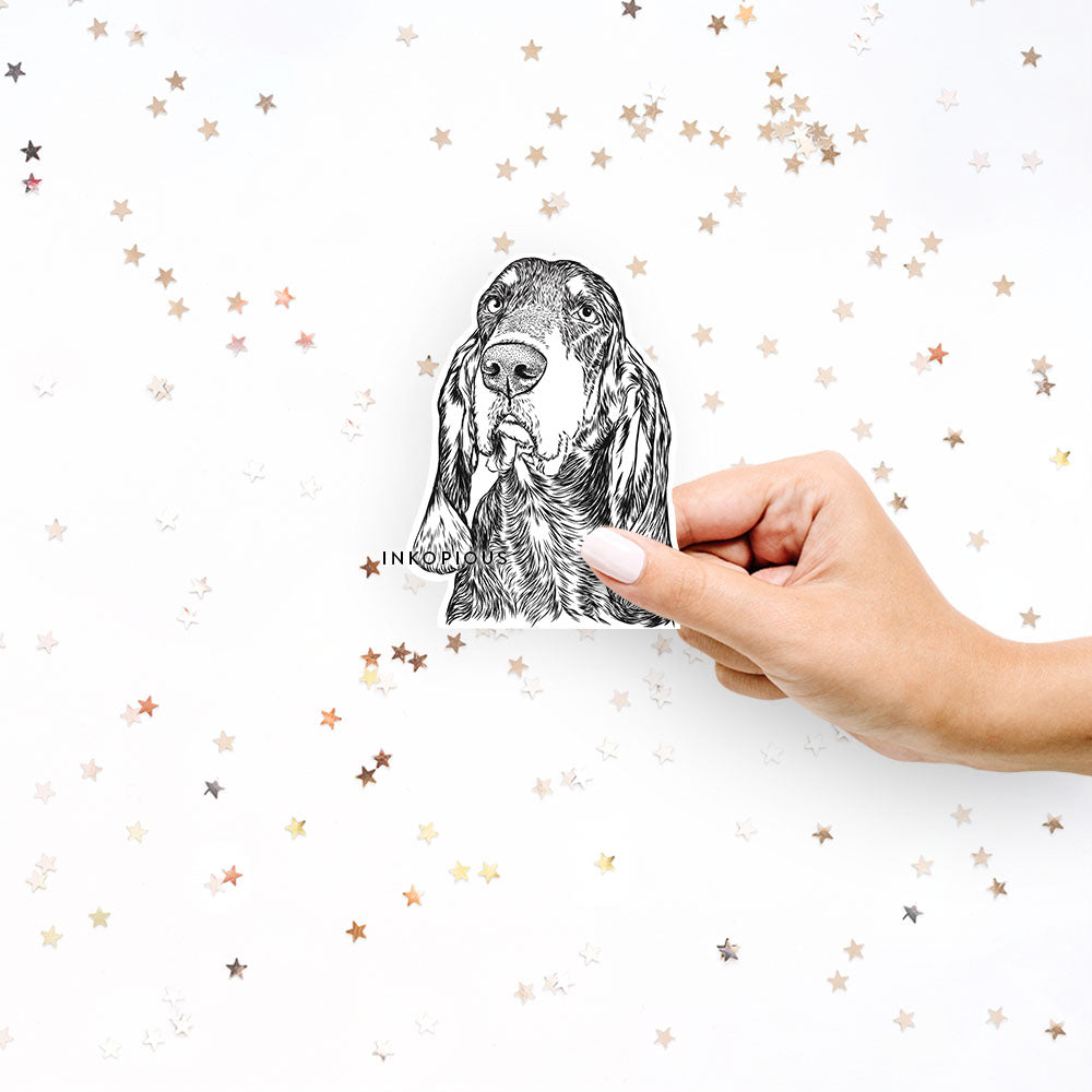 Hand-drawn sketch of Stu the Black and Tan Coonhound on a Sticker decal sticker