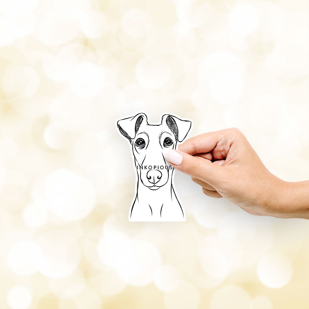 Hand-drawn sketch of Tanner the Fox Terrier on a decal sticker