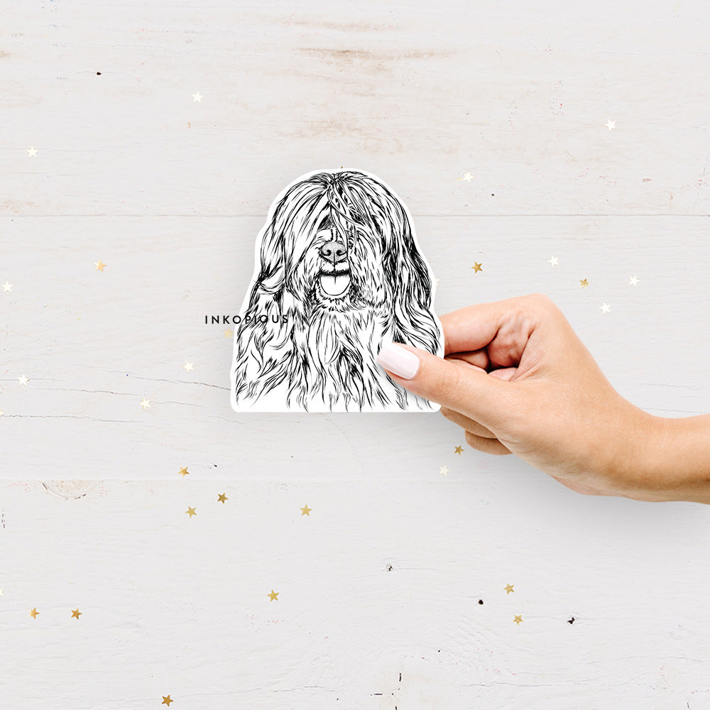 Hand-drawn sketch of Trinket the Tibetan Terrier on a decal sticker