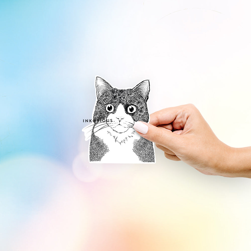 Hand-drawn sketch of Tux the Tuxedo Cat on a decal sticker