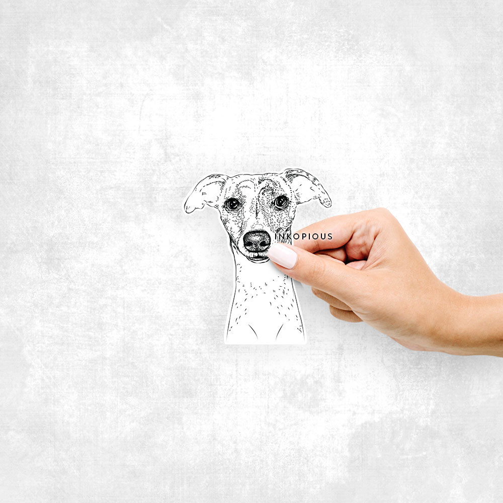 Hand-drawn sketch of Twiggy the Whippet on a decal sticker