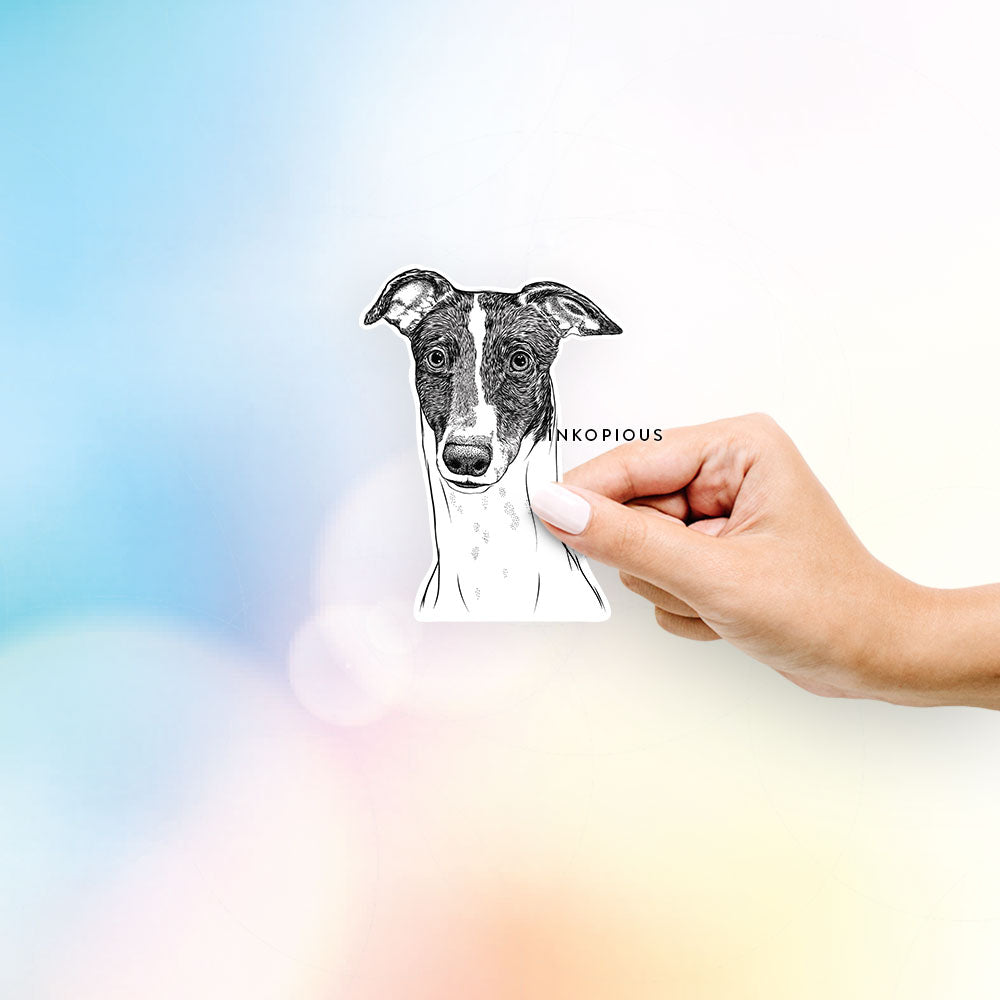 Hand-drawn sketch of Vyncent the Greyhound on a decal sticker