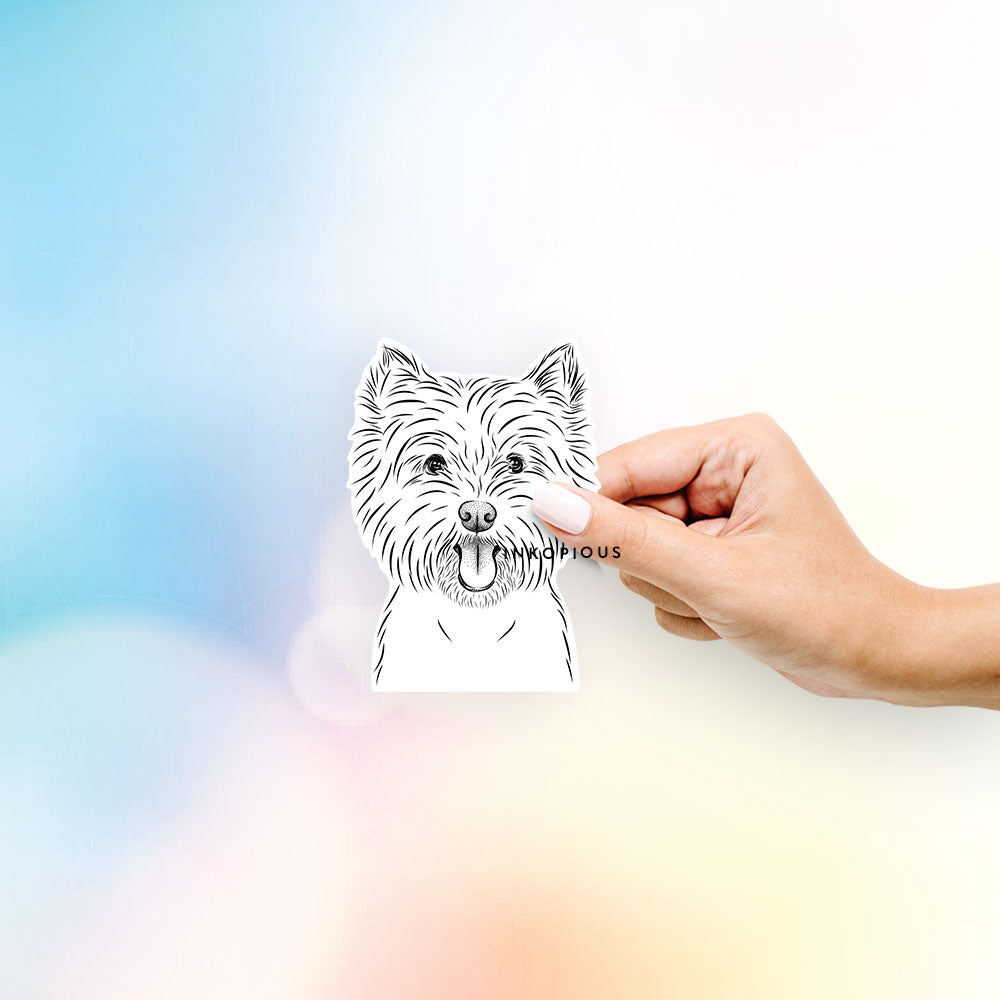 Hand-drawn sketch of Welma the West Highland Terrier on a decal sticker