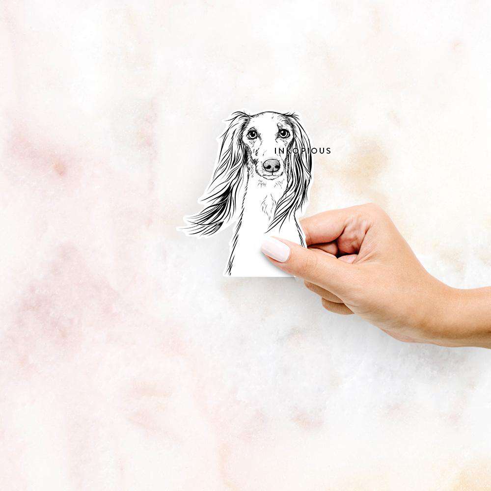 Hand-drawn sketch of Zahra the Saluki on a decal sticker