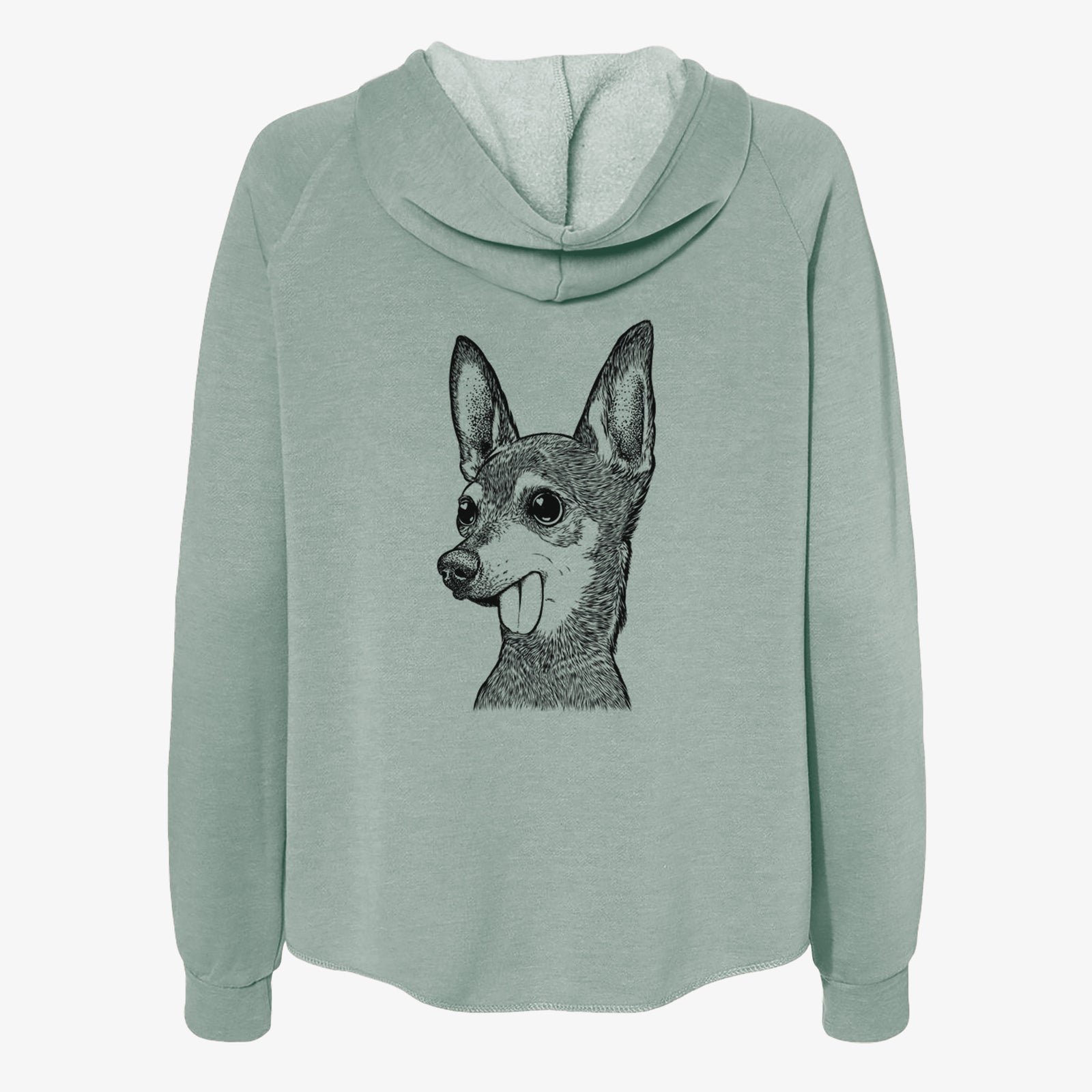 Hand-drawn sketch of Aaron the Chihuahua on a Sage Women's cali wave zip-up sweatshirt