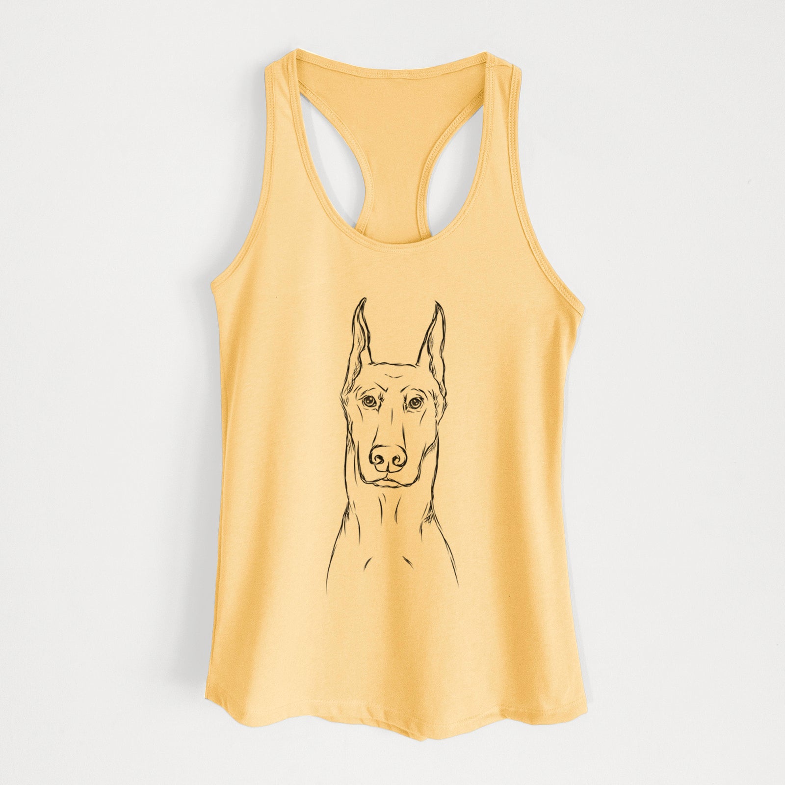 Hand-drawn sketch of Ace the Doberman Pinscher on a Banana Cream Women's racerback tanktop