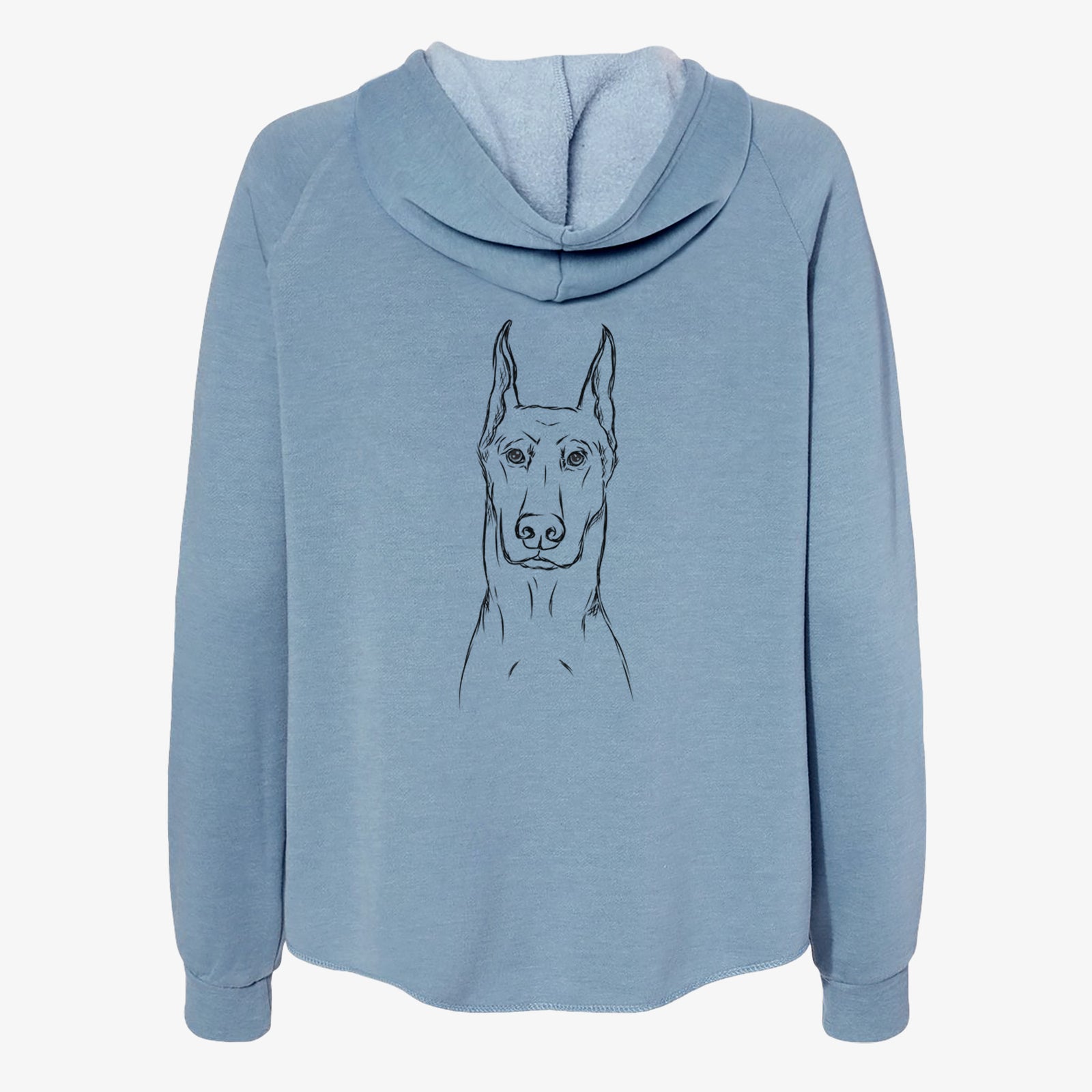 Hand-drawn sketch of Ace the Doberman Pinscher on a Misty Blue Women's cali wave zip-up sweatshirt