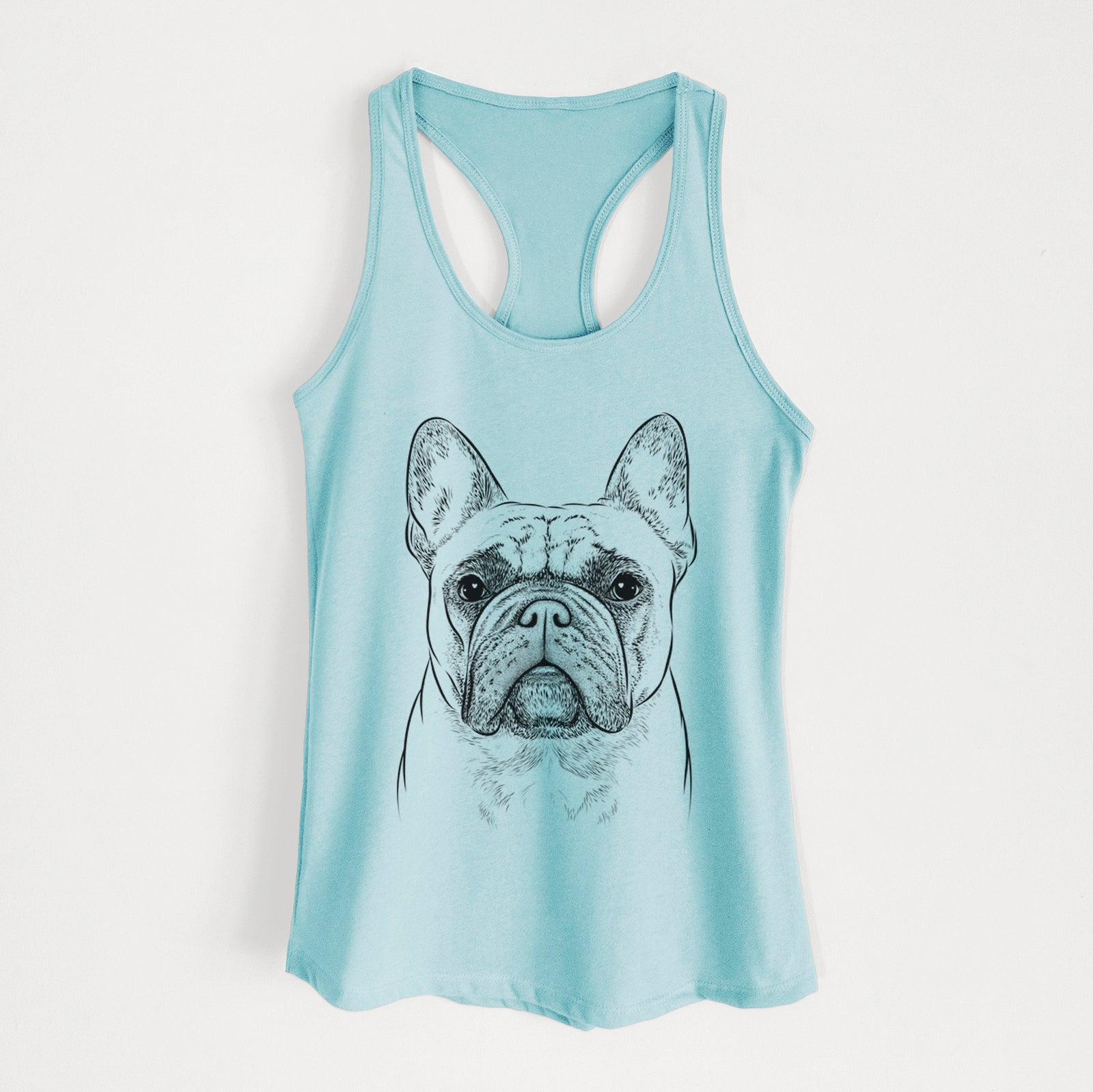 Hand-drawn sketch of Acelynn the French Bulldog on a Cancun Blue Women's racerback tanktop