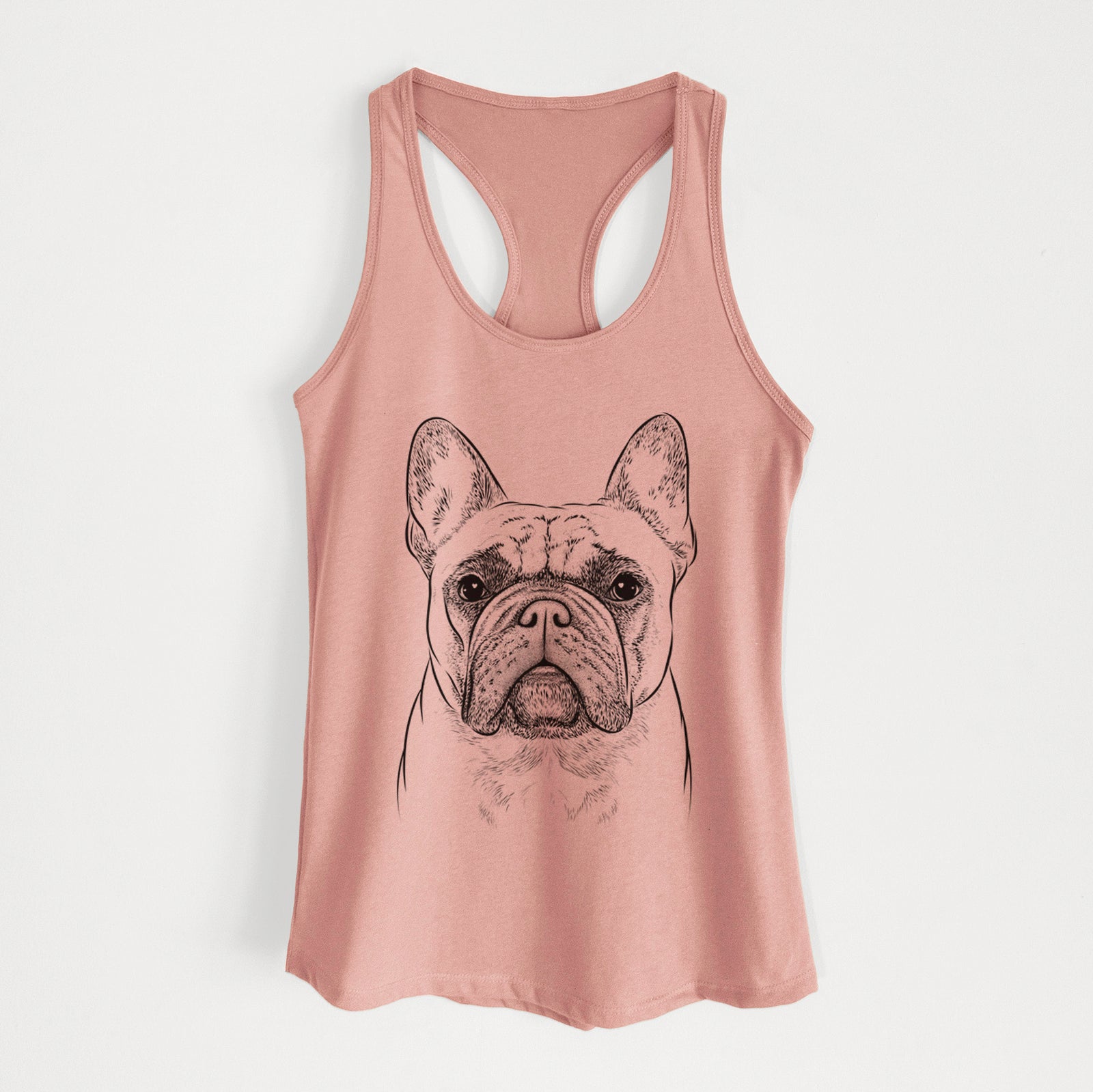 Hand-drawn sketch of Acelynn the French Bulldog on a Desert Pink Women's racerback tanktop