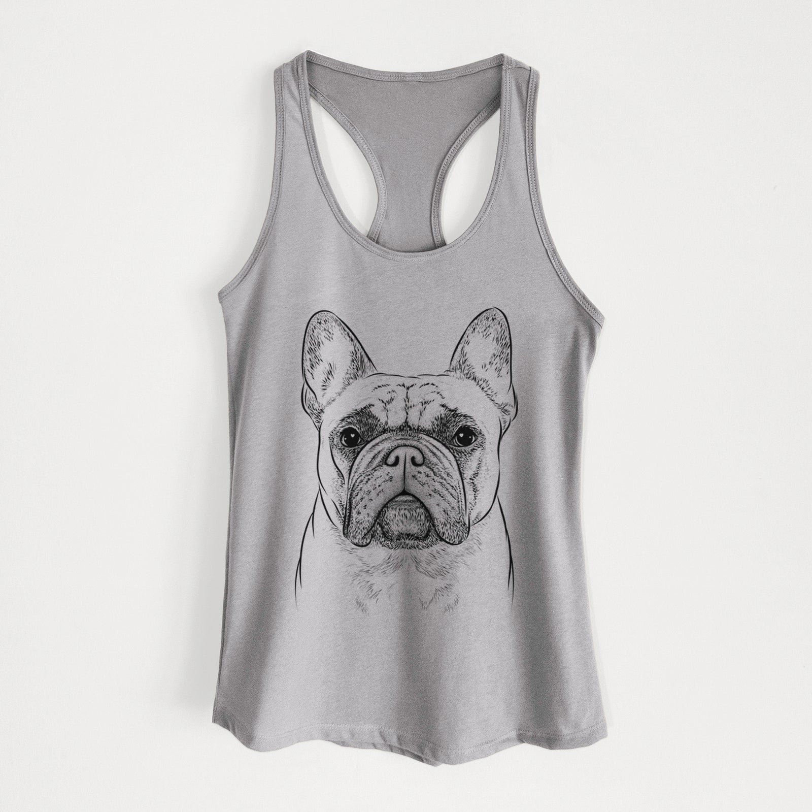 Hand-drawn sketch of Acelynn the French Bulldog on a Heather Grey Women's racerback tanktop