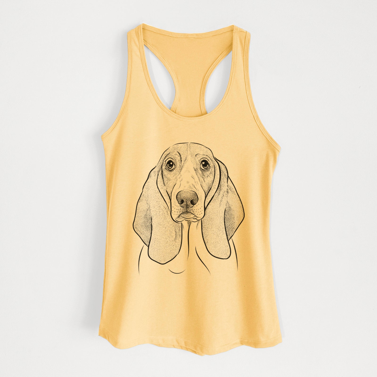 Hand-drawn sketch of Addison the Basset Hound on a Banana Cream Women's racerback tanktop