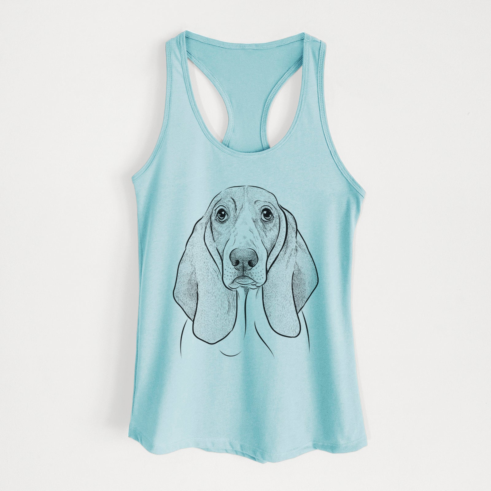 Hand-drawn sketch of Addison the Basset Hound on a Cancun Blue Women's racerback tanktop
