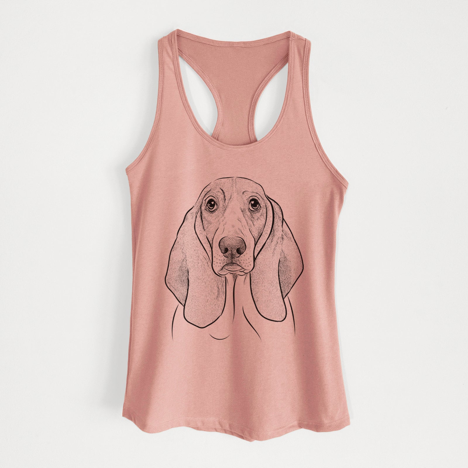 Hand-drawn sketch of Addison the Basset Hound on a Desert Pink Women's racerback tanktop