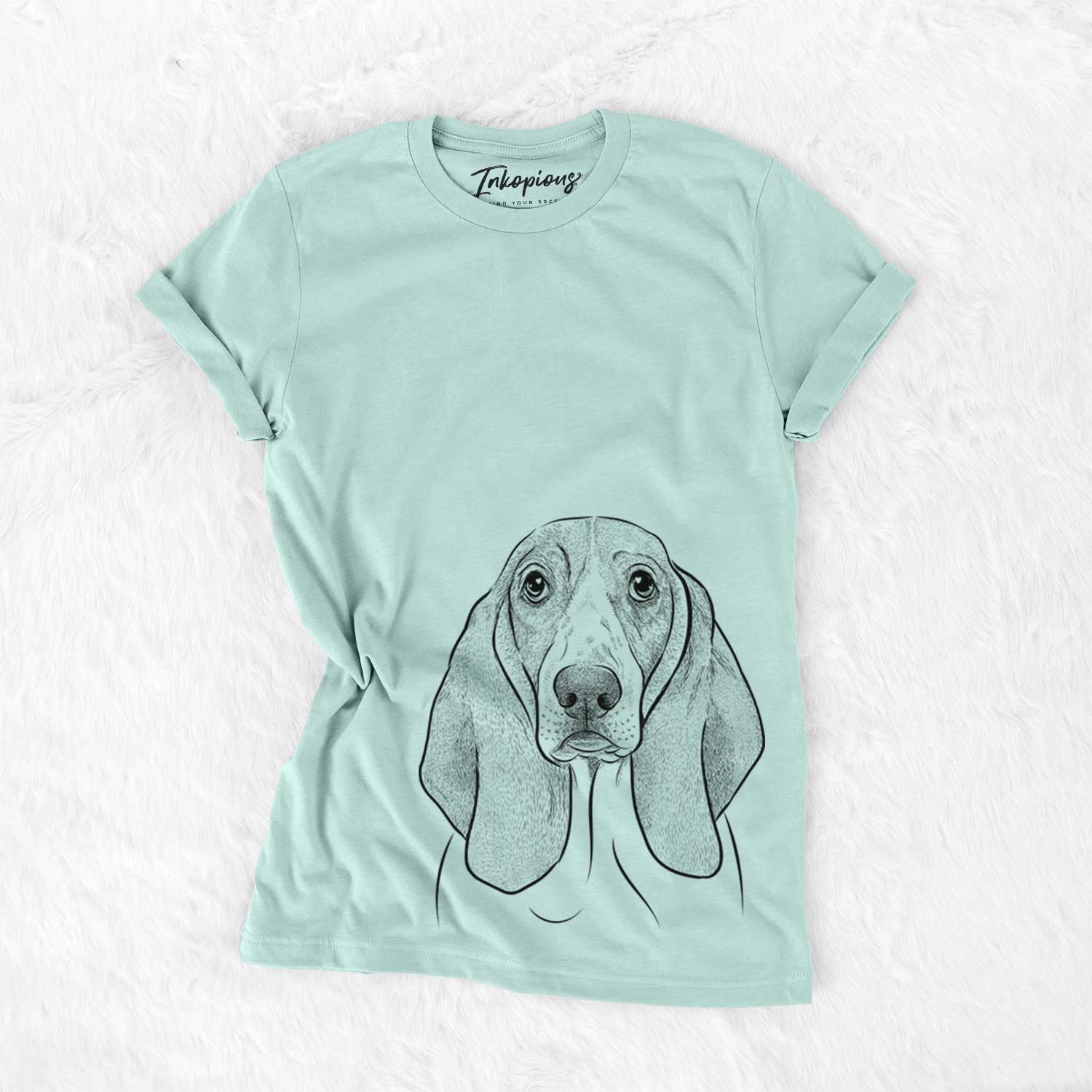 Hand-drawn sketch of Addison the Basset Hound on a Heather Sage Bella Canvas Unisex Crewneck