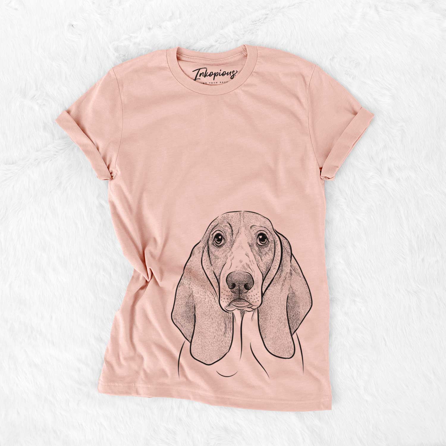 Hand-drawn sketch of Addison the Basset Hound on a Peach Bella Canvas Unisex Crewneck