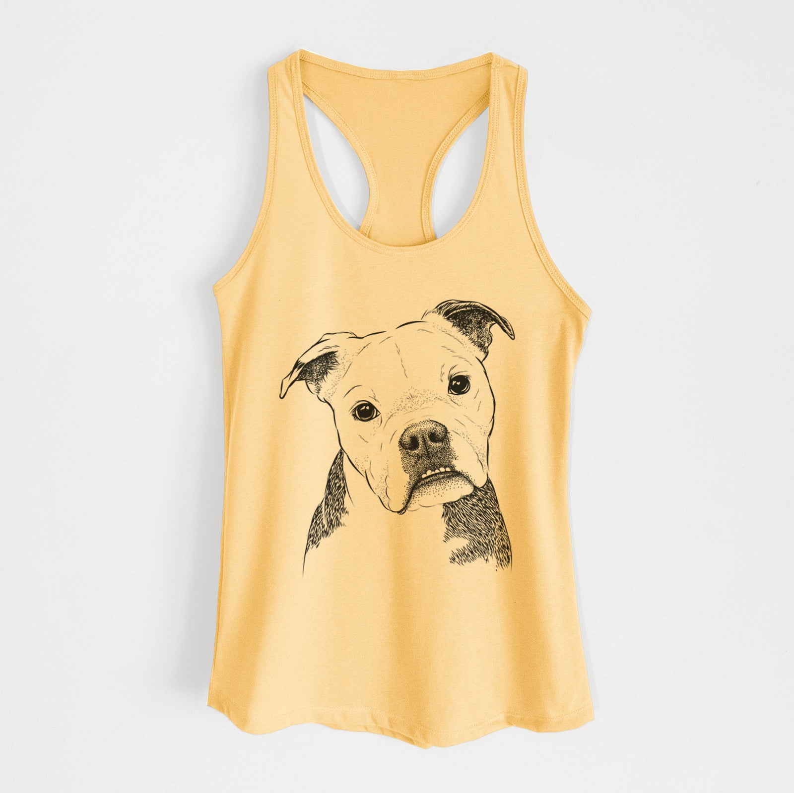 Hand-drawn sketch of Aggy the Olde English Bulldogge on a Banana Cream Women's racerback tanktop