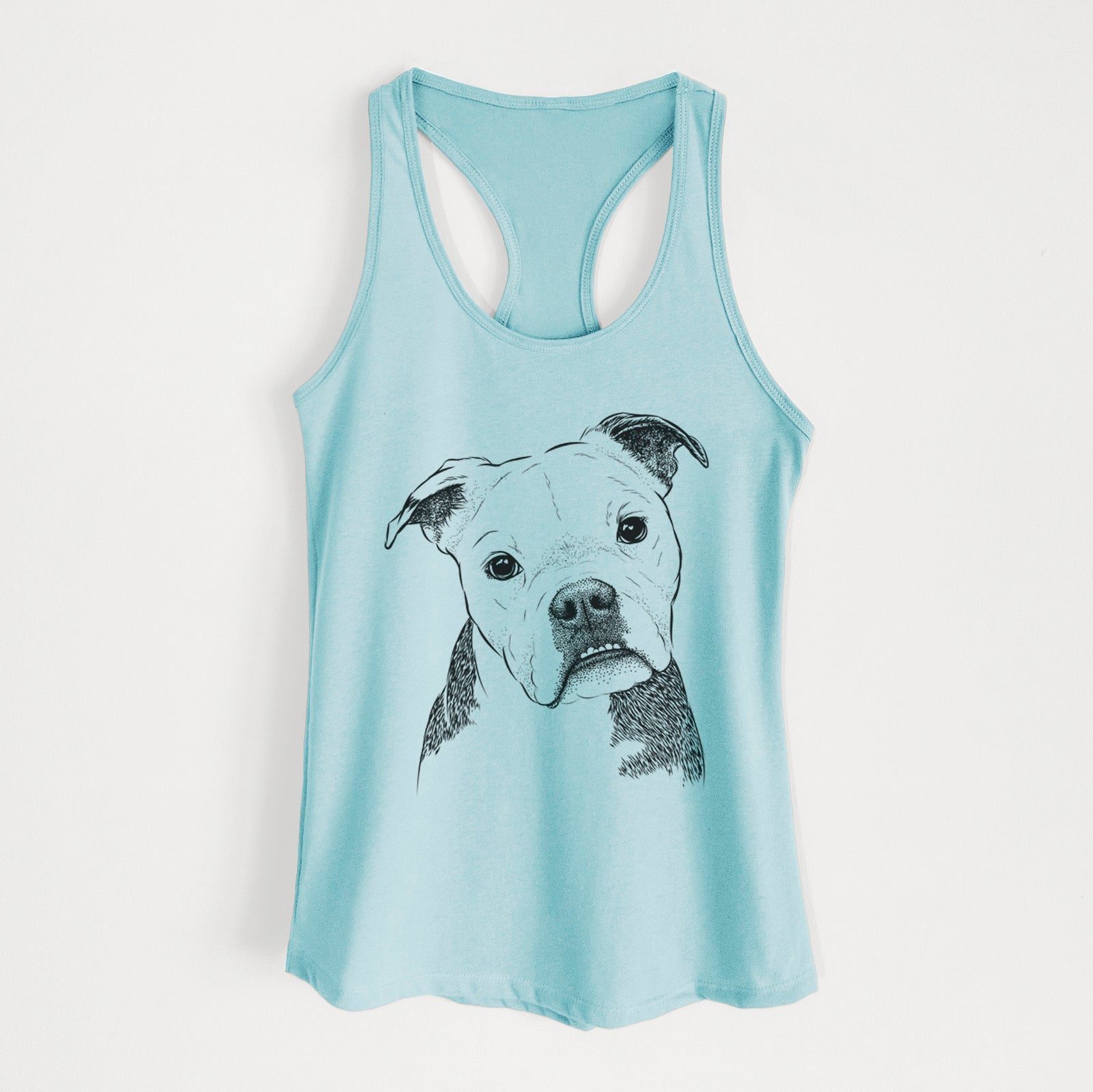 Hand-drawn sketch of Aggy the Olde English Bulldogge on a Cancun Blue Women's racerback tanktop
