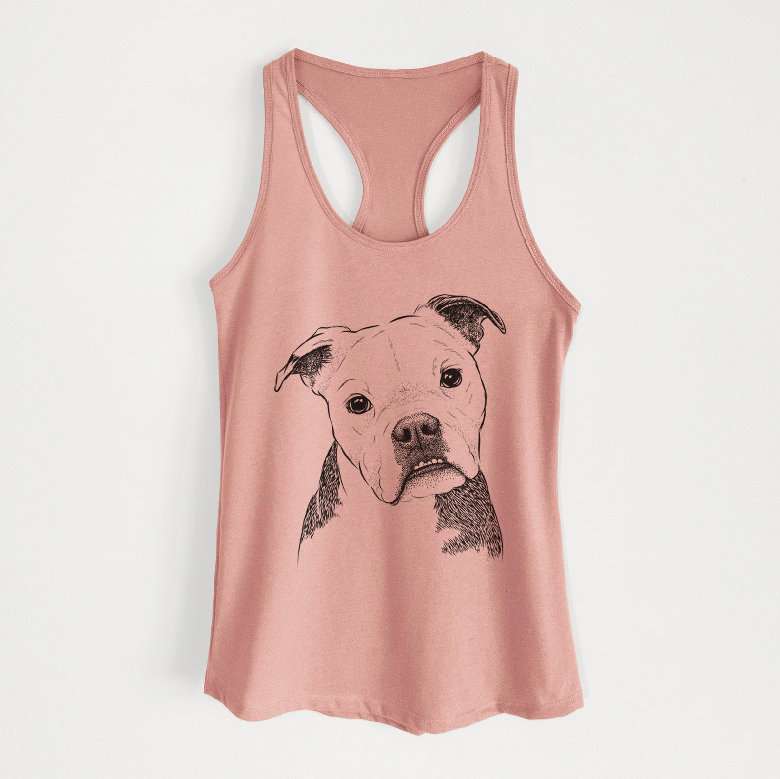Hand-drawn sketch of Aggy the Olde English Bulldogge on a Desert Pink Women's racerback tanktop