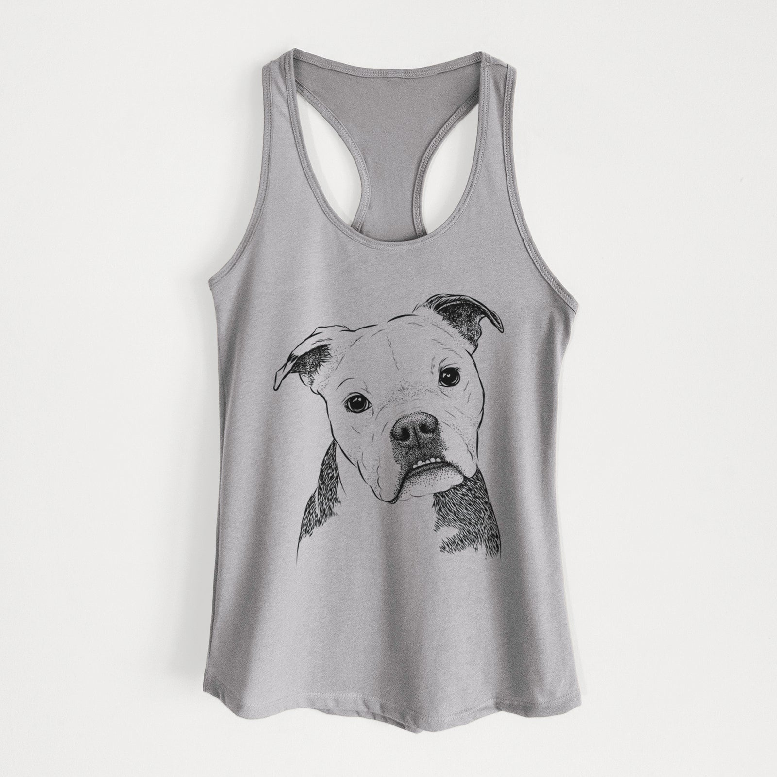 Hand-drawn sketch of Aggy the Olde English Bulldogge on a Heather Grey Women's racerback tanktop