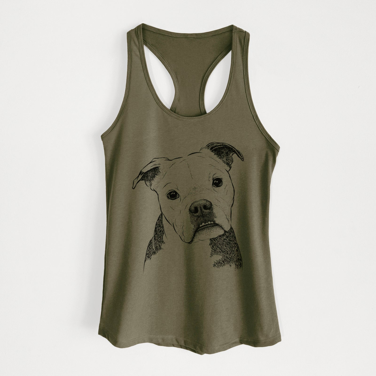 Hand-drawn sketch of Aggy the Olde English Bulldogge on a Military Green Women's racerback tanktop