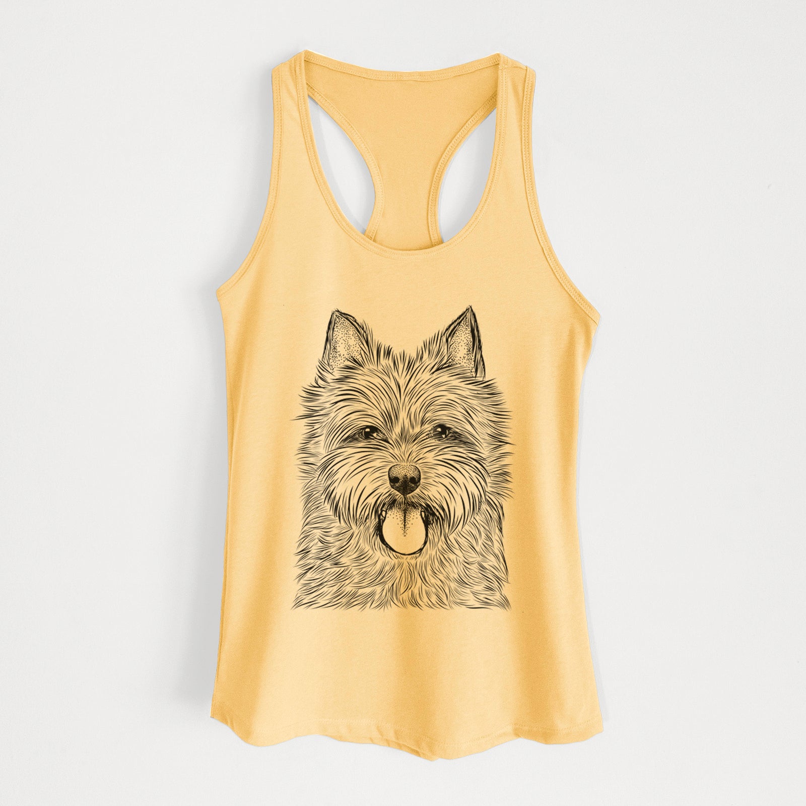 Hand-drawn sketch of Alfie the Norwich Terrier on a Banana Cream Women's racerback tanktop