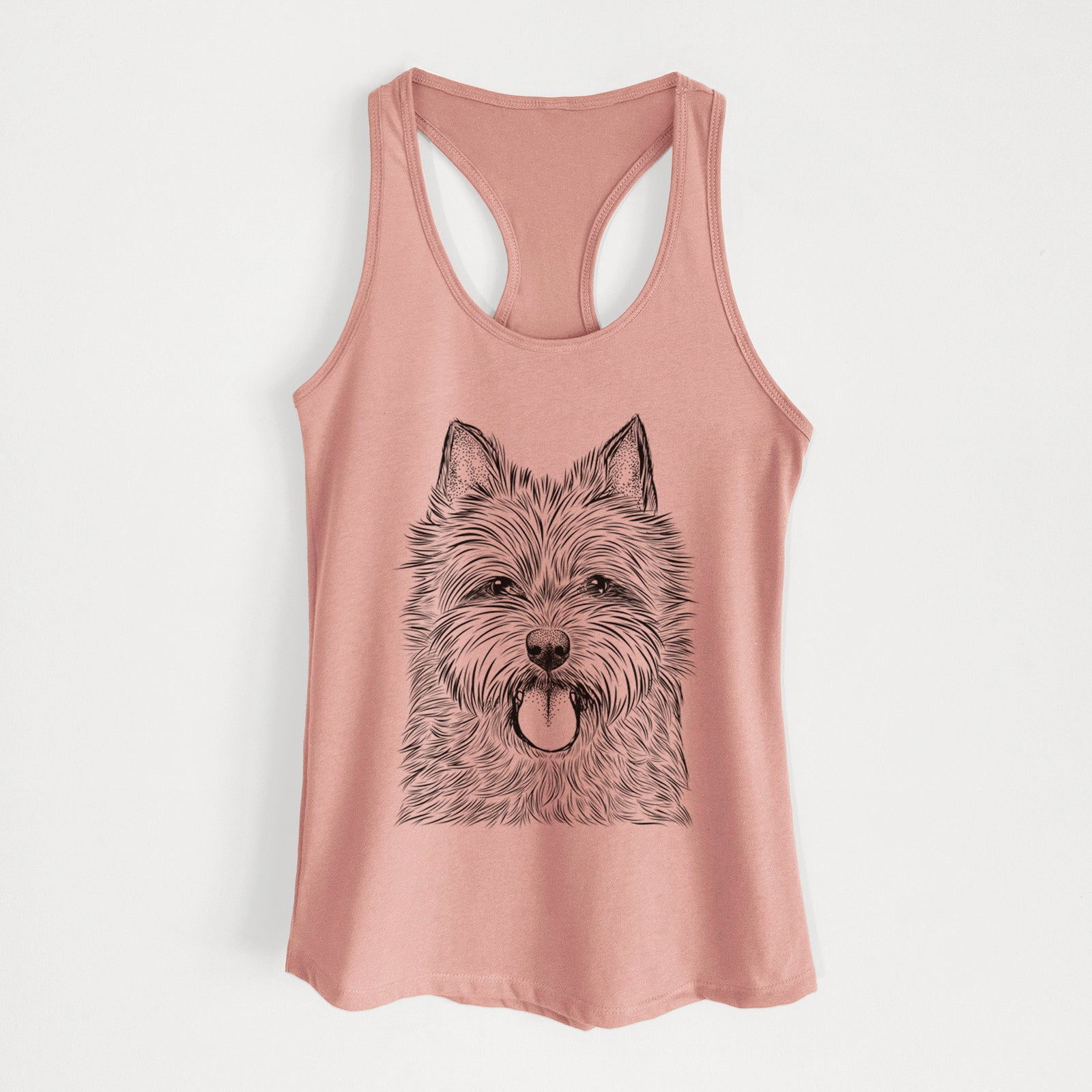 Hand-drawn sketch of Alfie the Norwich Terrier on a Desert Pink Women's racerback tanktop
