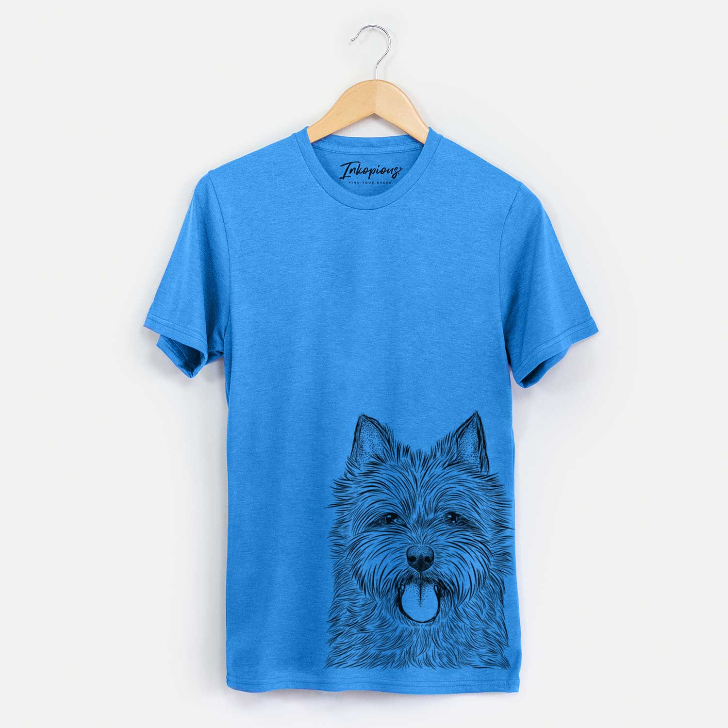 Hand-drawn sketch of Alfie the Norwich Terrier on a Blue Unisex crewneck