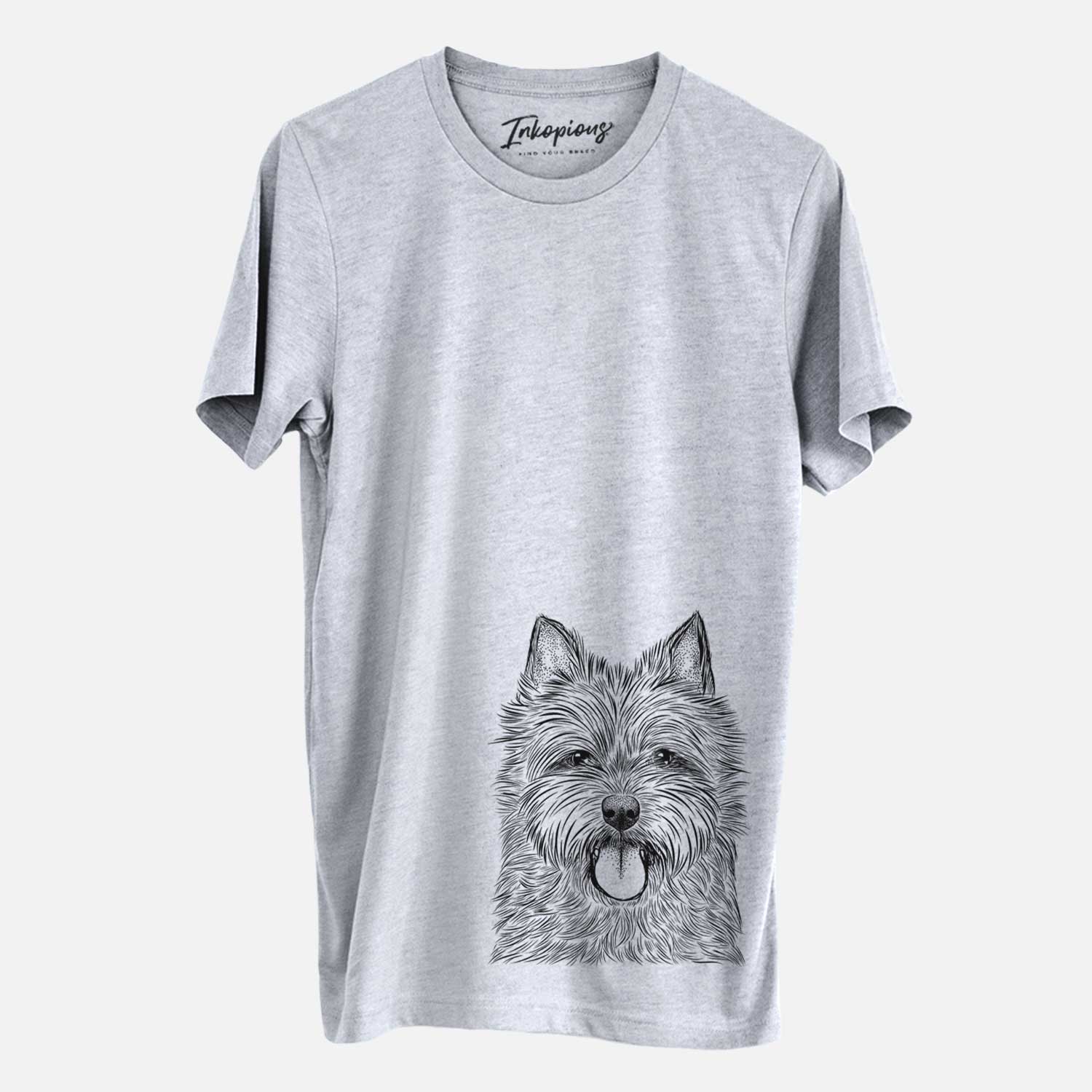 Hand-drawn sketch of Alfie the Norwich Terrier on a Grey Unisex crewneck