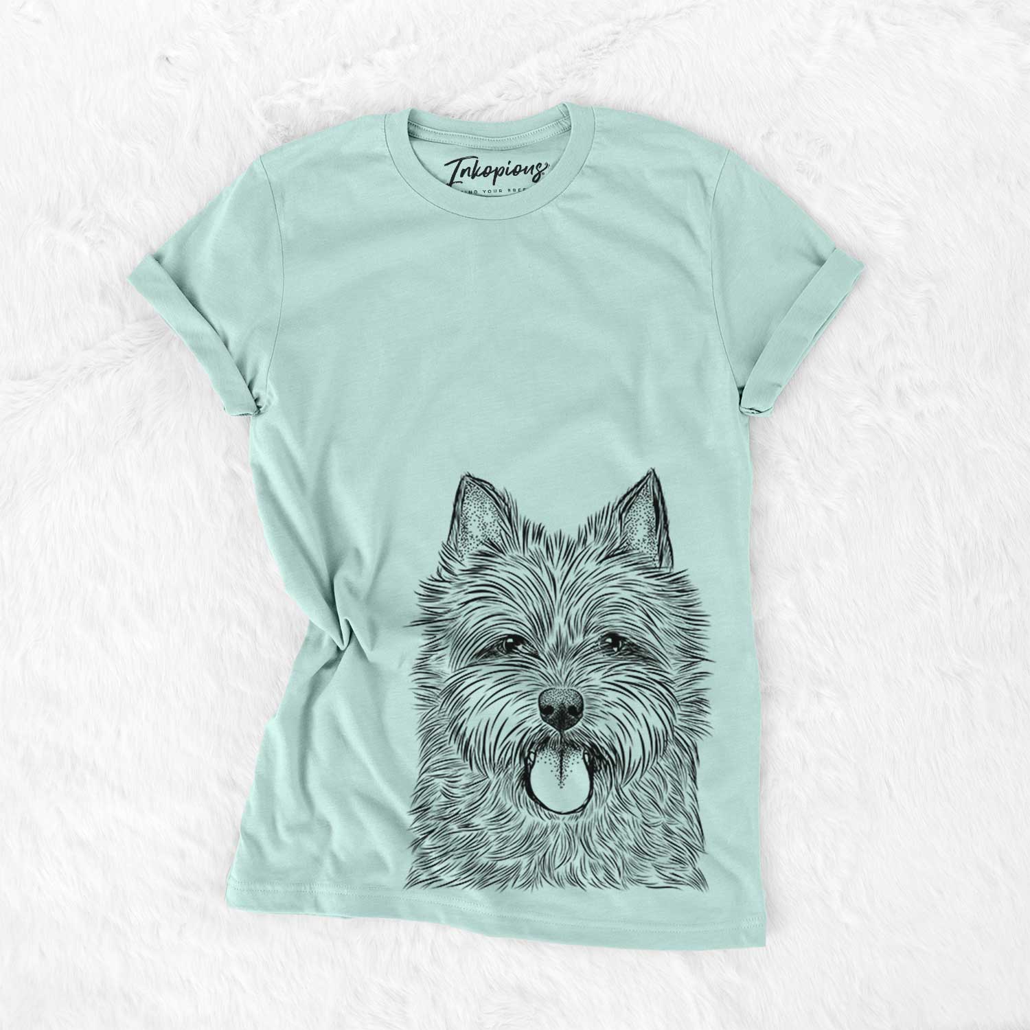 Hand-drawn sketch of Alfie the Norwich Terrier on a Heather Sage Bella Canvas Unisex Crewneck