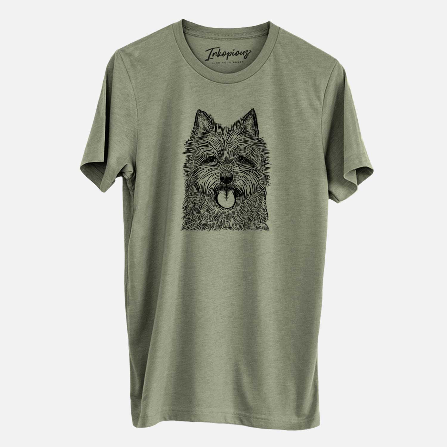 Hand-drawn sketch of Alfie the Norwich Terrier on an Olive Unisex crewneck