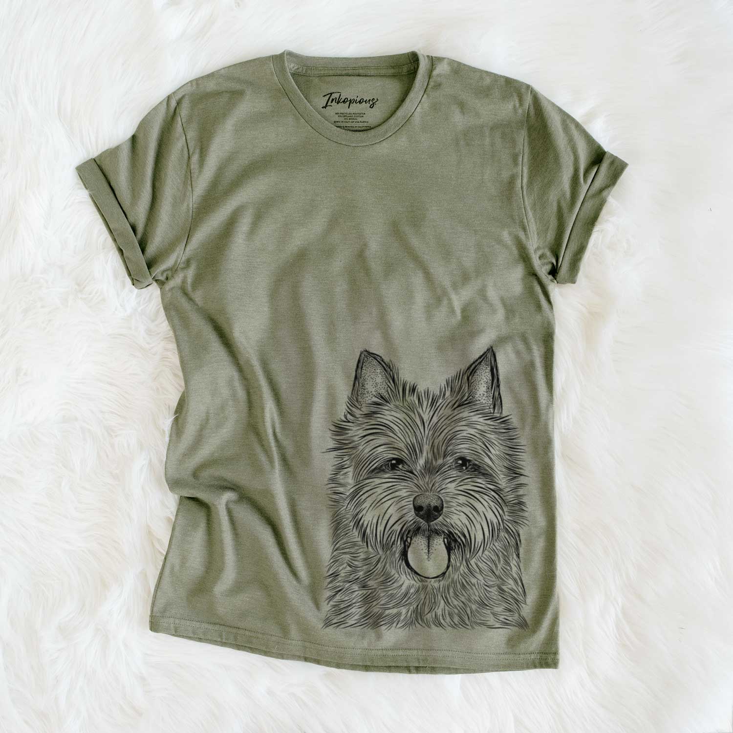 Hand-drawn sketch of Alfie the Norwich Terrier on an Olive Unisex crewneck