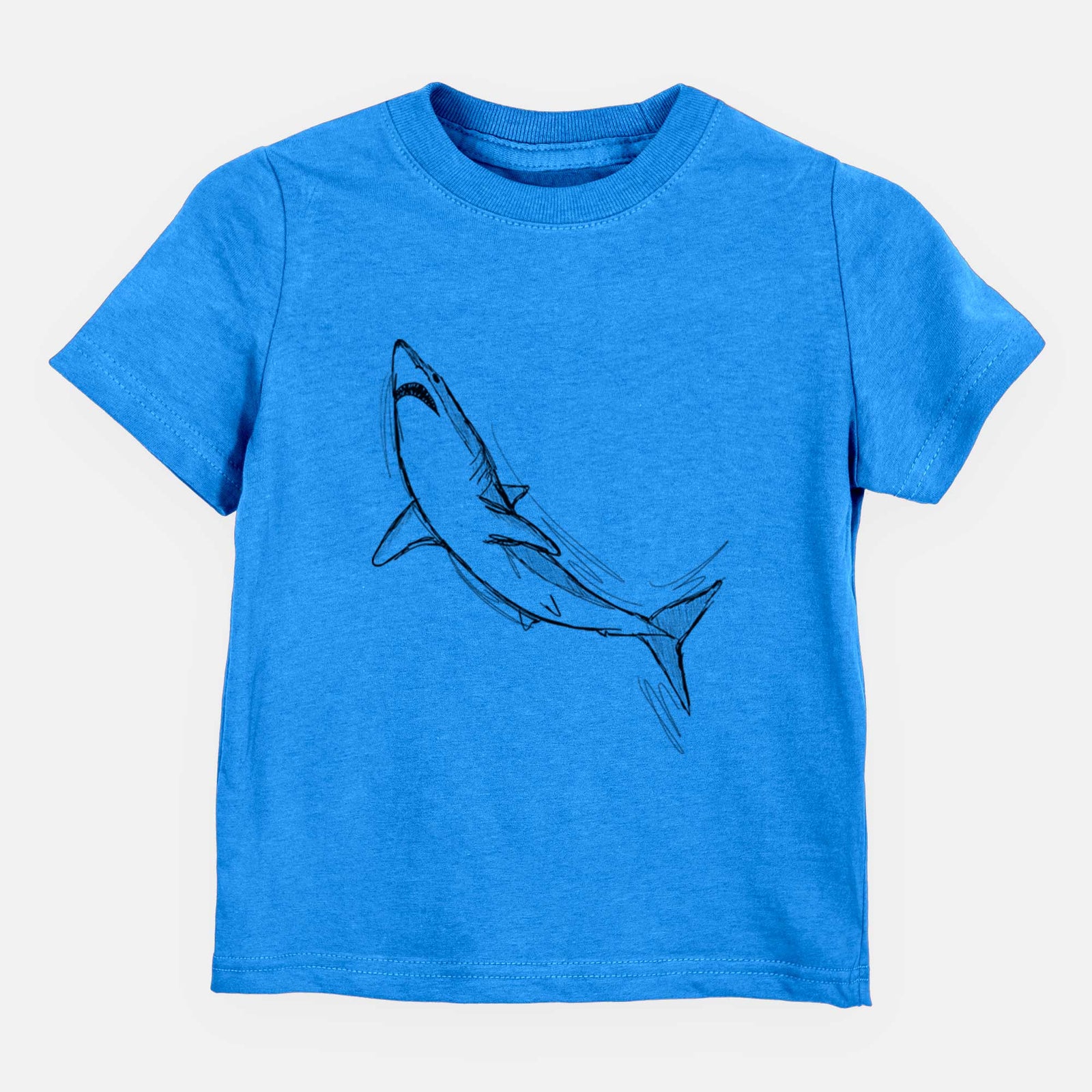 Hand-drawn sketch of Anchor the Mako Shark on a Blue kids' shirt
