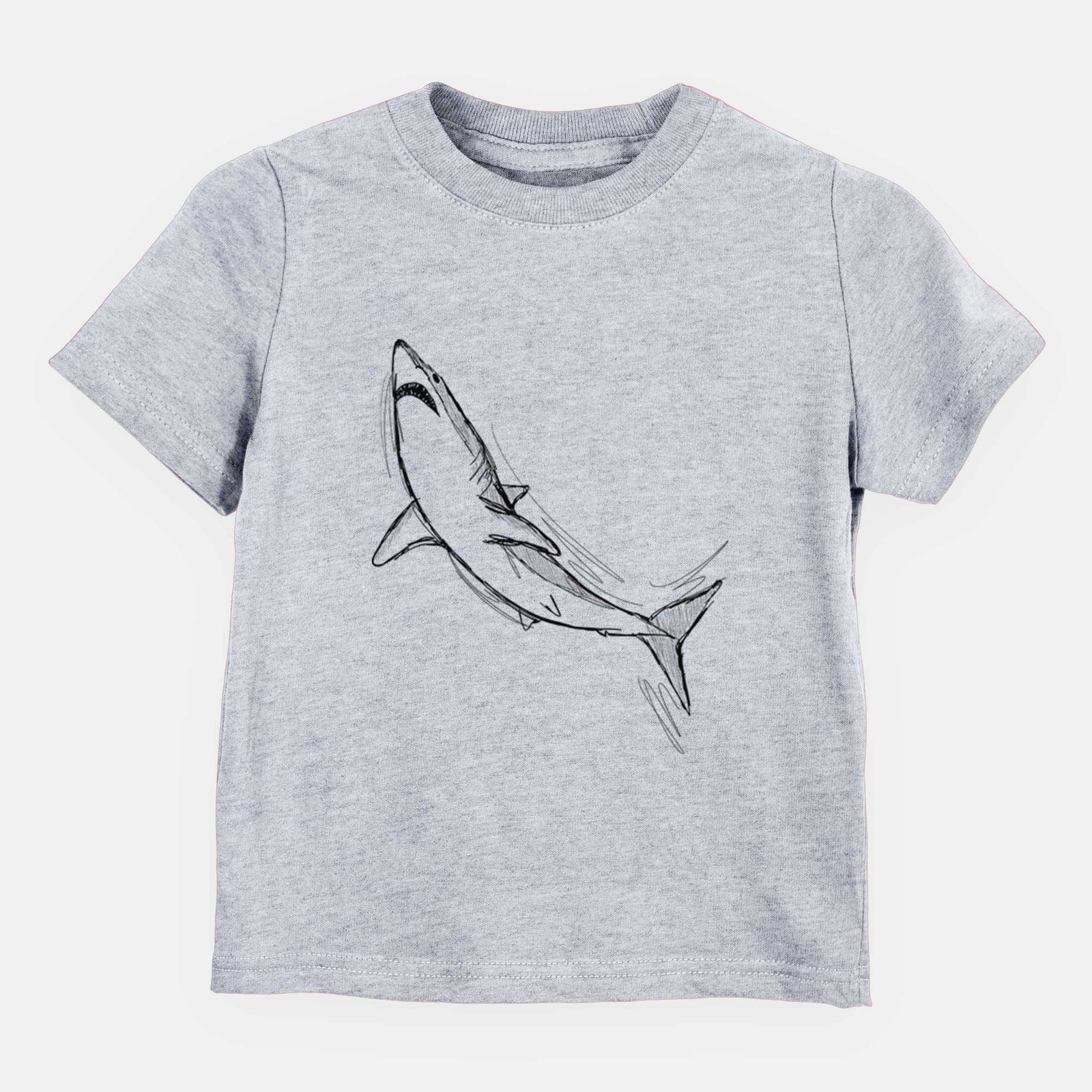 Hand-drawn sketch of Anchor the Mako Shark on a Grey kids' shirt