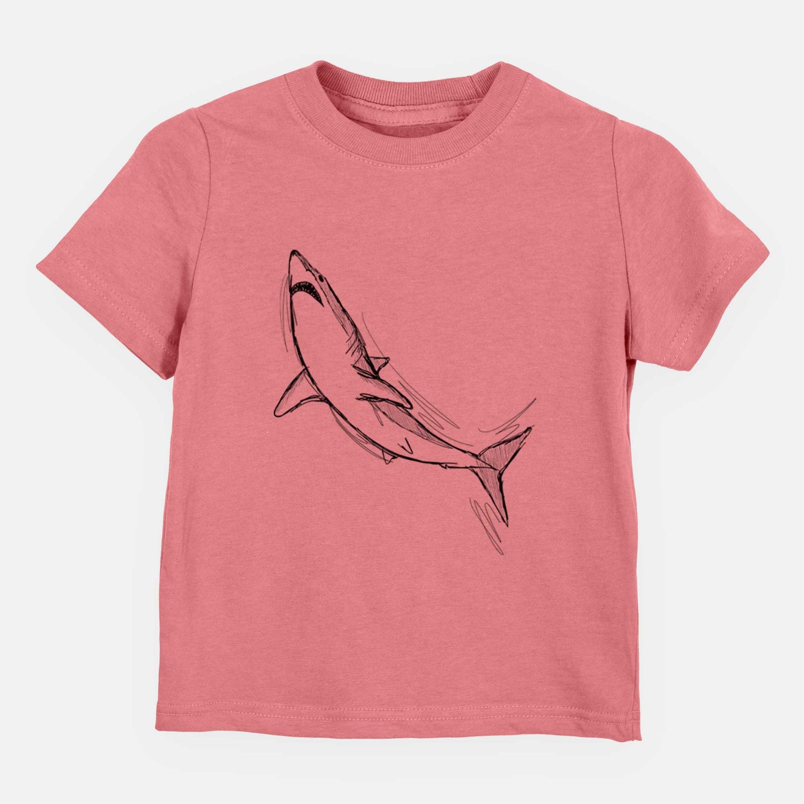 Hand-drawn sketch of Anchor the Mako Shark on a Mauve kids' shirt