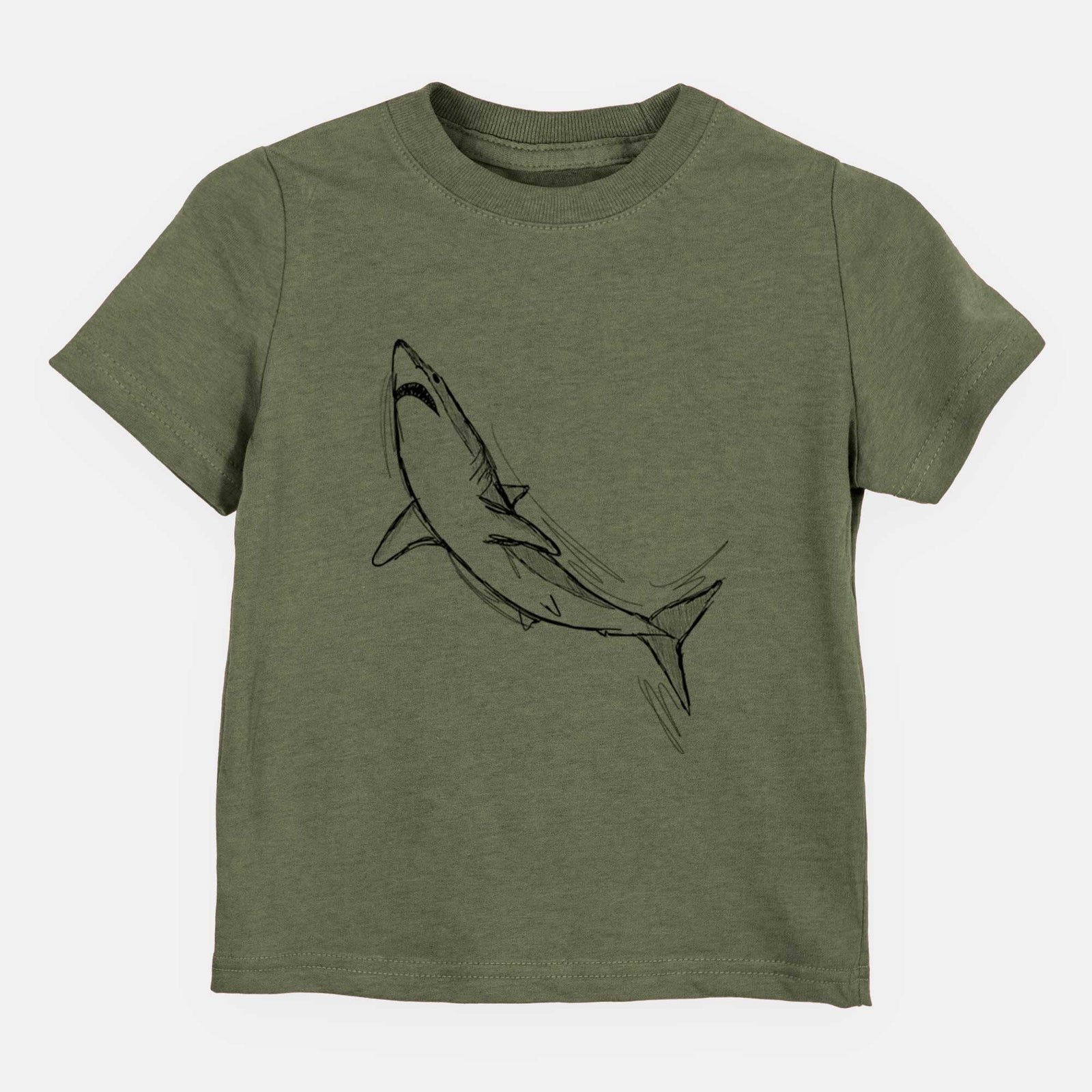 Hand-drawn sketch of Anchor the Mako Shark on an Olive kids' shirt